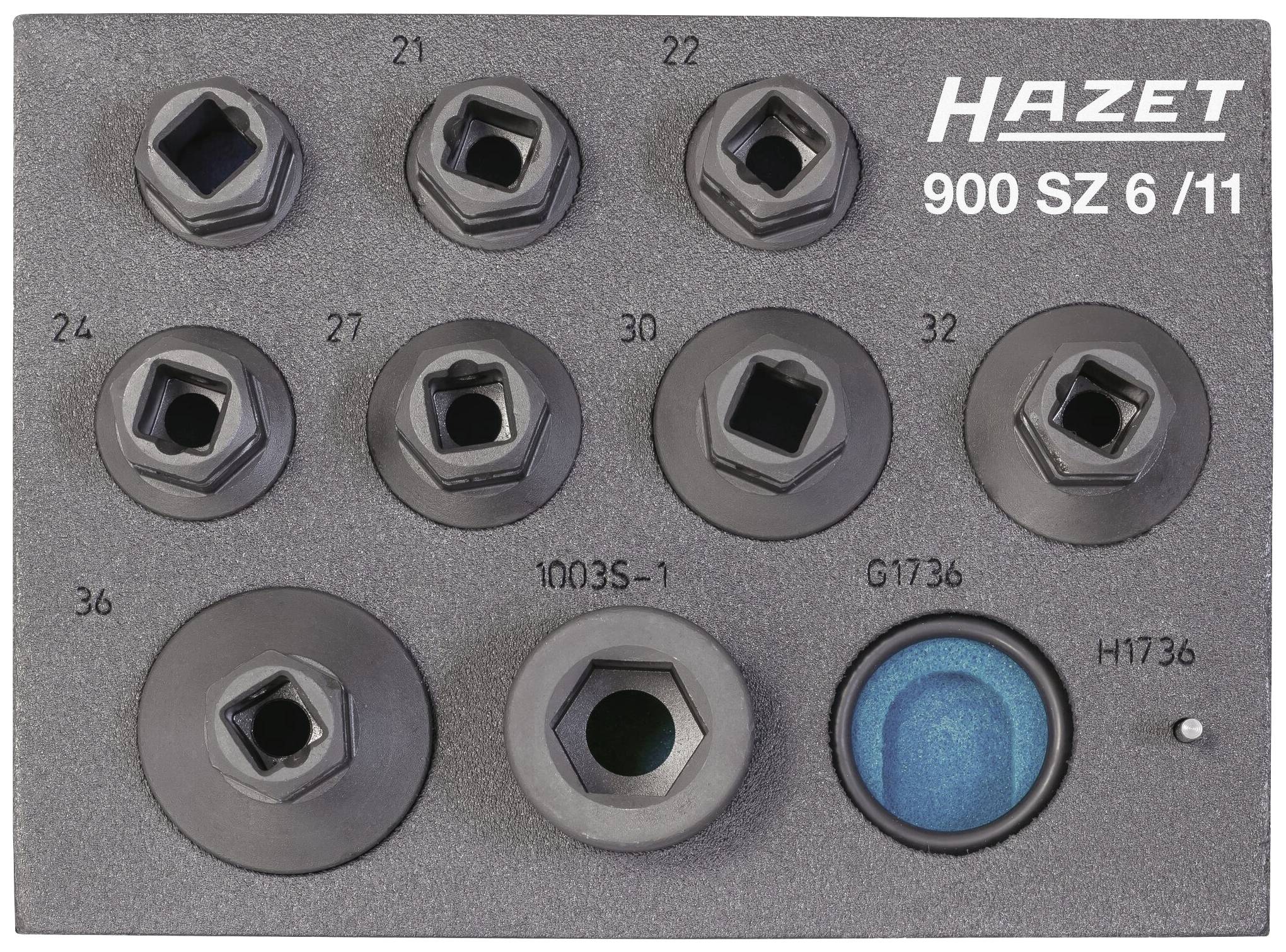 Sada s různými nástrčnými klíči HAZET, modelová čísla: 22, 24, 27, 30, 32. Obsahuje také čísla nástavců 21 a 1003S-1.
