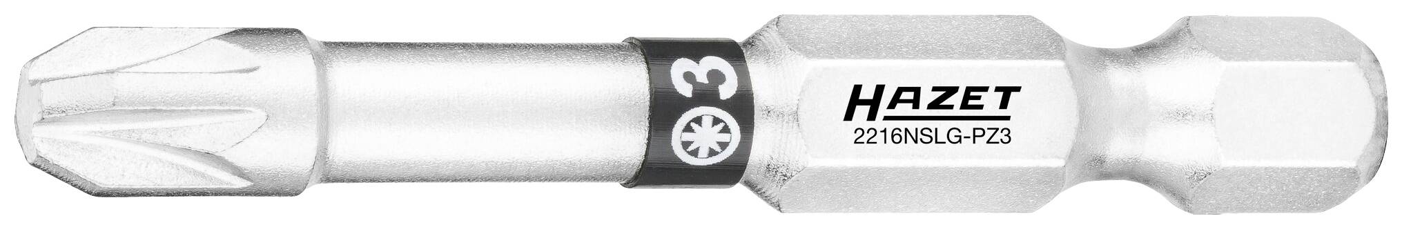 Bit Von Hazet, model 2216NSLG-PZ3, vhodný pro šrouby PZ3, stříbrné barvy s černým kroužkem, robustní design.
