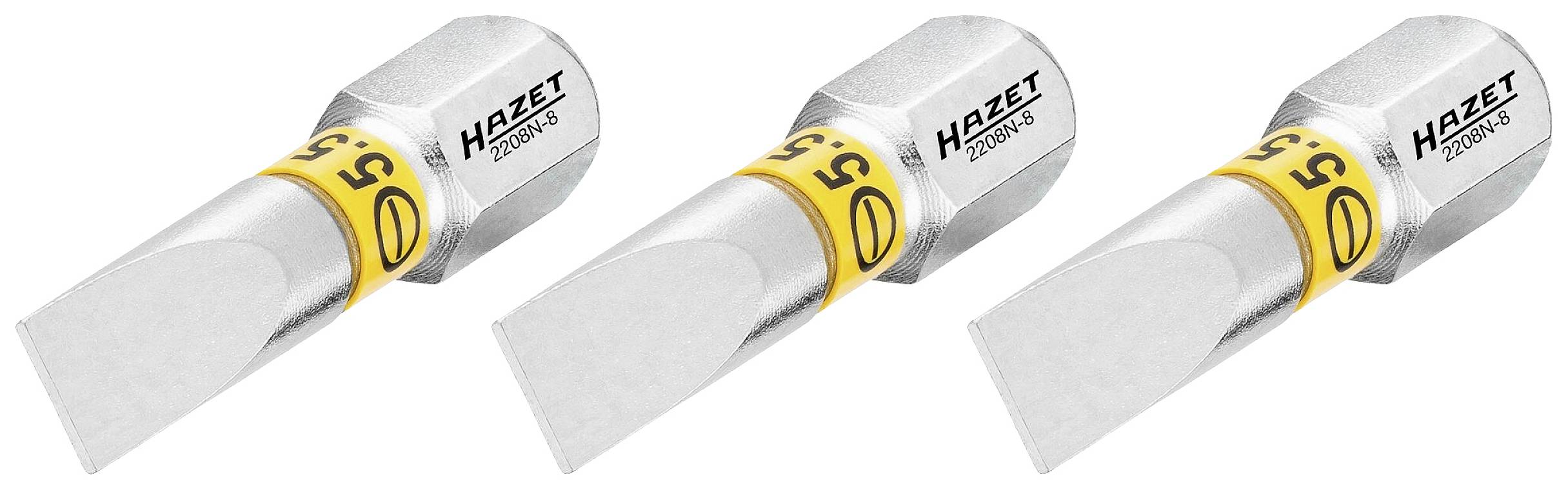 Tři stříbrné nástavce na nářadí se žlutým označením, každý s nápisem 'HAZET 7910-05'. Používané pro speciální aplikace.