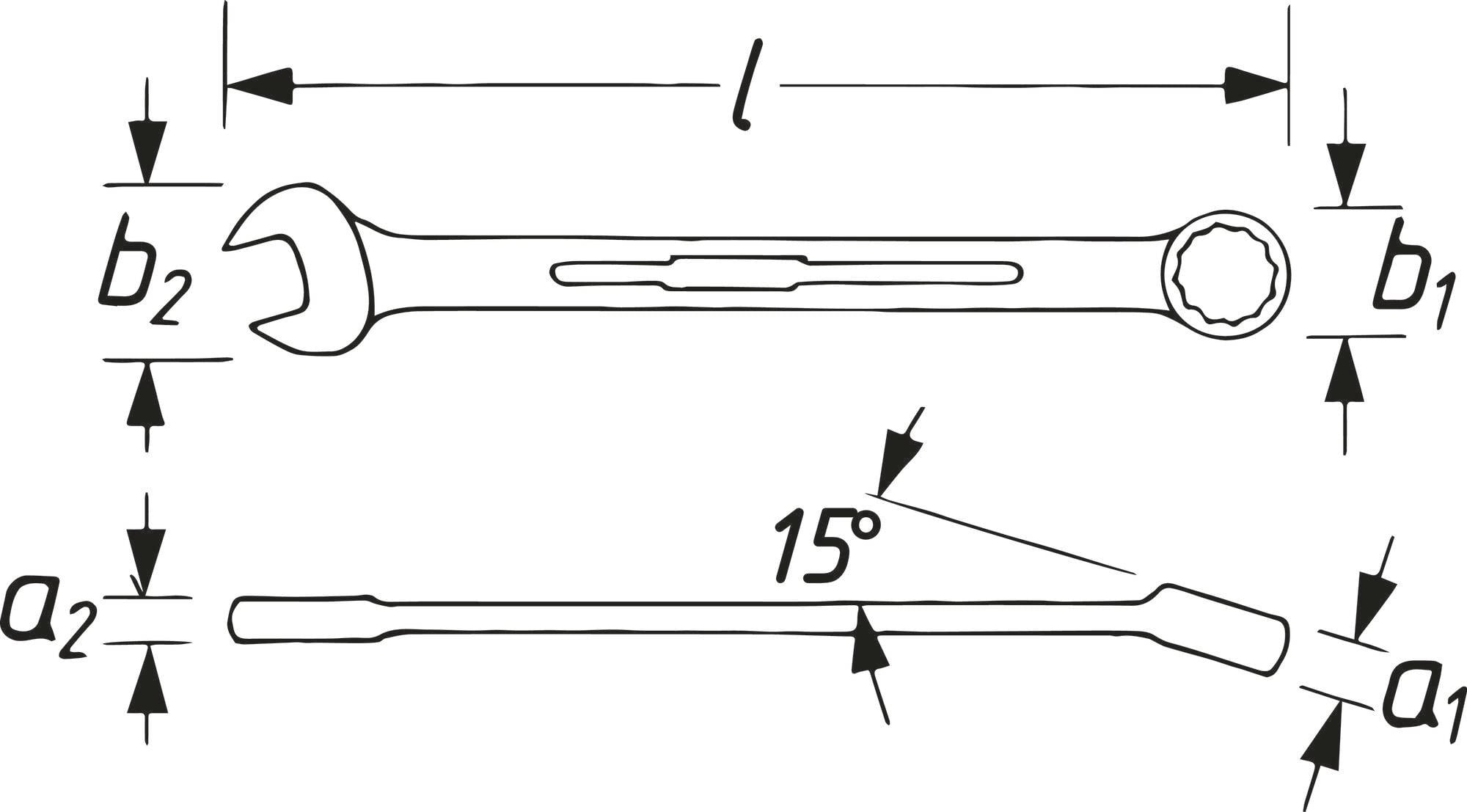 Technický výkres francouzského klíče s rozměry: délka (l), šířka (b1, b2) a úhel otočení 15°. Boční a pohled shora.