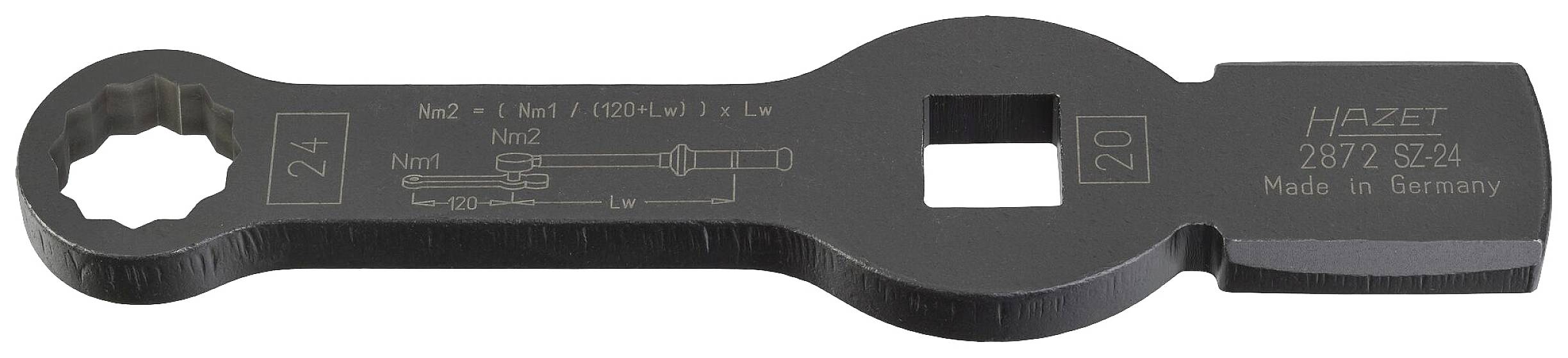 Černý rázový klíč Hazet se dvěma velikostmi čelistí (24 a 20 mm). Obsahuje technický výkres a potisk 'Made in Germany'.
