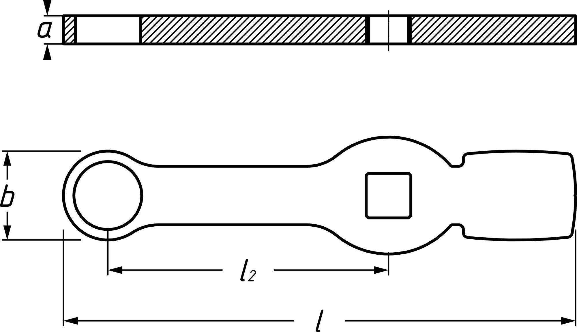 Technický výkres otevřeného klíče s rozměry. Ukazuje délku 'l', detail 'l2' a šířky 'a' a 'b'.