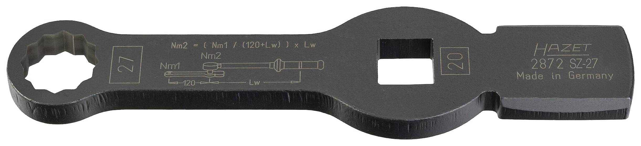 Černý klíč Hazet s označením '2877 SZ27', oboustranný s 27mm a 20mm hlavou a nápisem 'Made in Germany'.