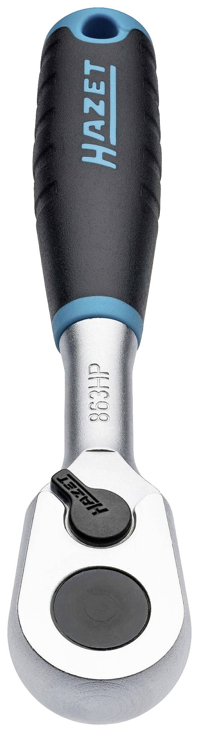 Hazet ráčnový klíč s ergonomickou rukojetí, stříbrnou otočnou hlavou a designem rukojeti v modročerné barvě z plastu. Ideální pro mechanické práce.