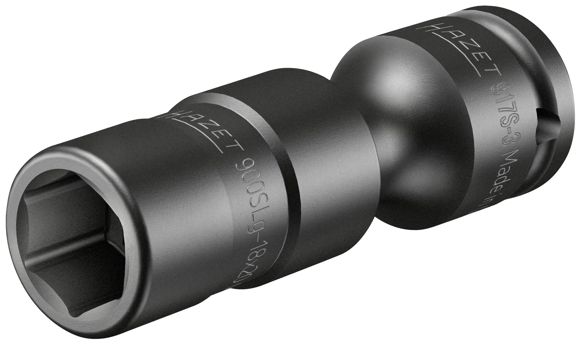 Dva konce černého čepu s omezeným rotačním pohybem. Text 'HAZET 900 SLG 19/21' a 'Made in Germany'.