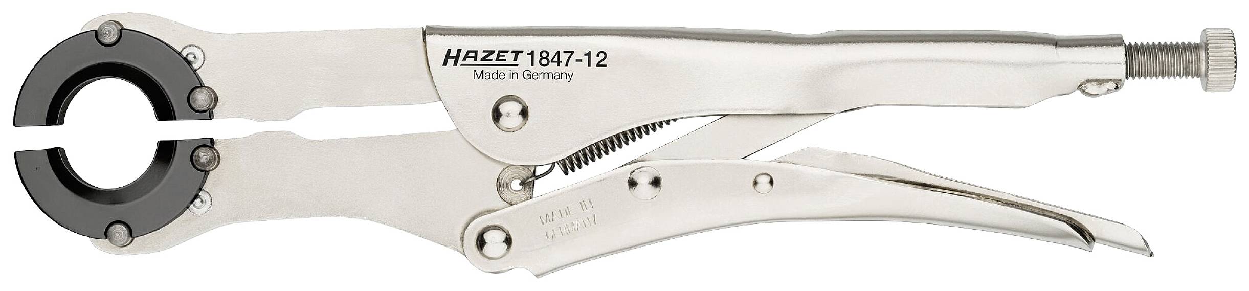 Ocelové kleště se stavitelným šroubem, s nápisem 'HAZET 1847-12 Made in Germany'. Vhodné prouchopení a držení objektů.