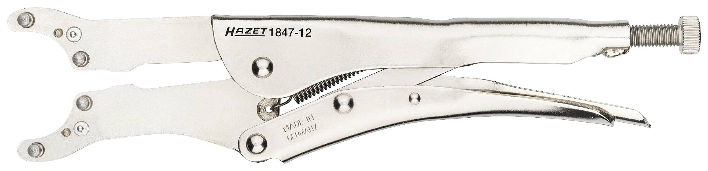 Stříbrnošedé čelisťové kleště pohledem shora. Vlevo: Značení 'HAZET 1847-12' a 'MADE IN GERMANY'. Vpravo: Nastavovací kolečko.