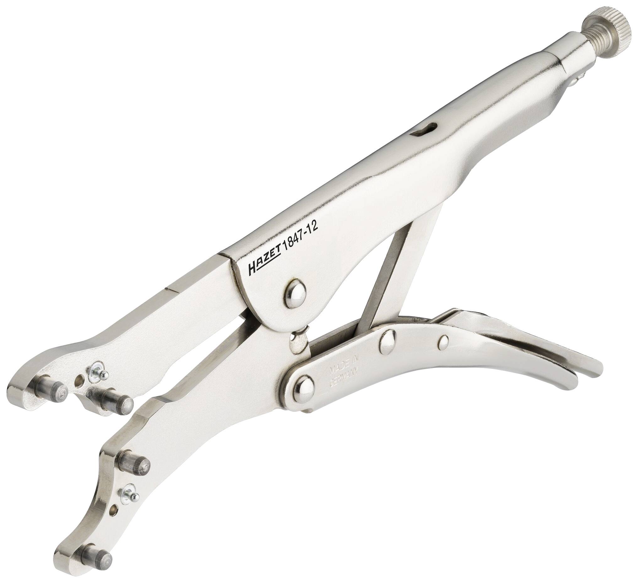 Stříbrné, aretovatelné kleště, známé jako gripzange, s otočným šroubem pro nastavení velikosti, vhodné pro pevné úchopy.