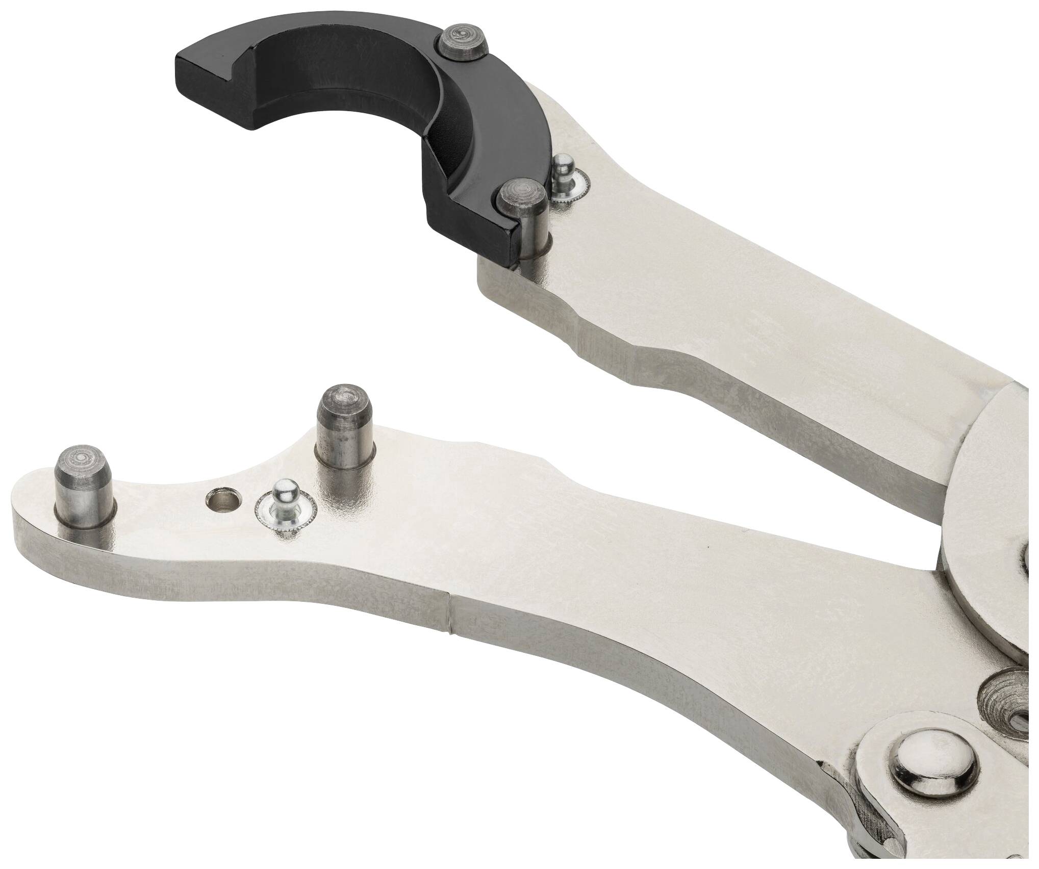 Na obrázku je stříbrné kleštové nástroj zakončené černou půlkruhovitou částí, který slouží k uchopení předmětů.