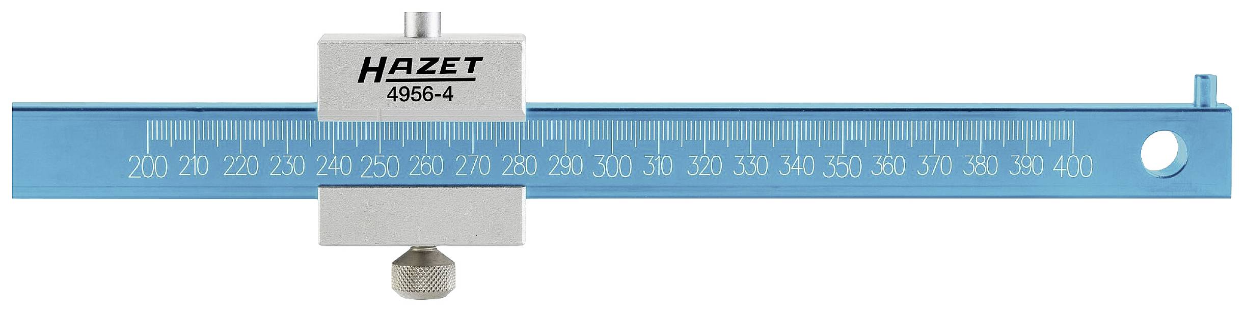 Modrý posuvný měřicí přístroj s kovovým držadlem, stupnicí od 200 do 400, s viditelným označením „HAZET 4956-4" na držadle.