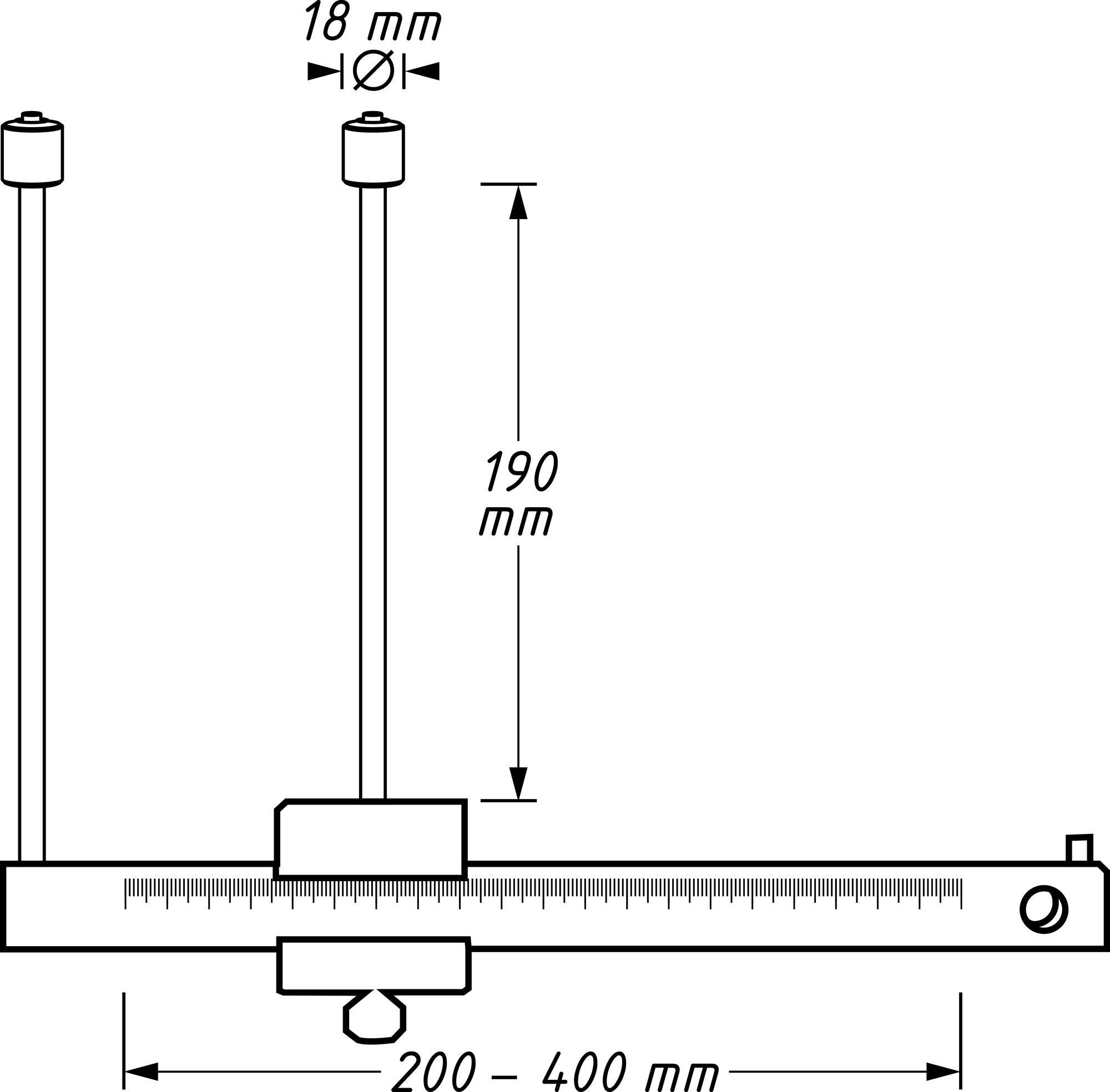 Technický výkres délkoměru s posuvnou stupnicí od 200 do 400 mm a vertikální měřicí stupnicí 190 mm.