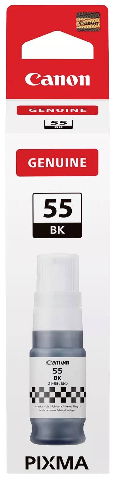 Černá inkoustová lahvička Canon, model 55 BK, pro tiskárny PIXMA. Balení s červeno-bílým designem, štítek s označením 'Originál'.