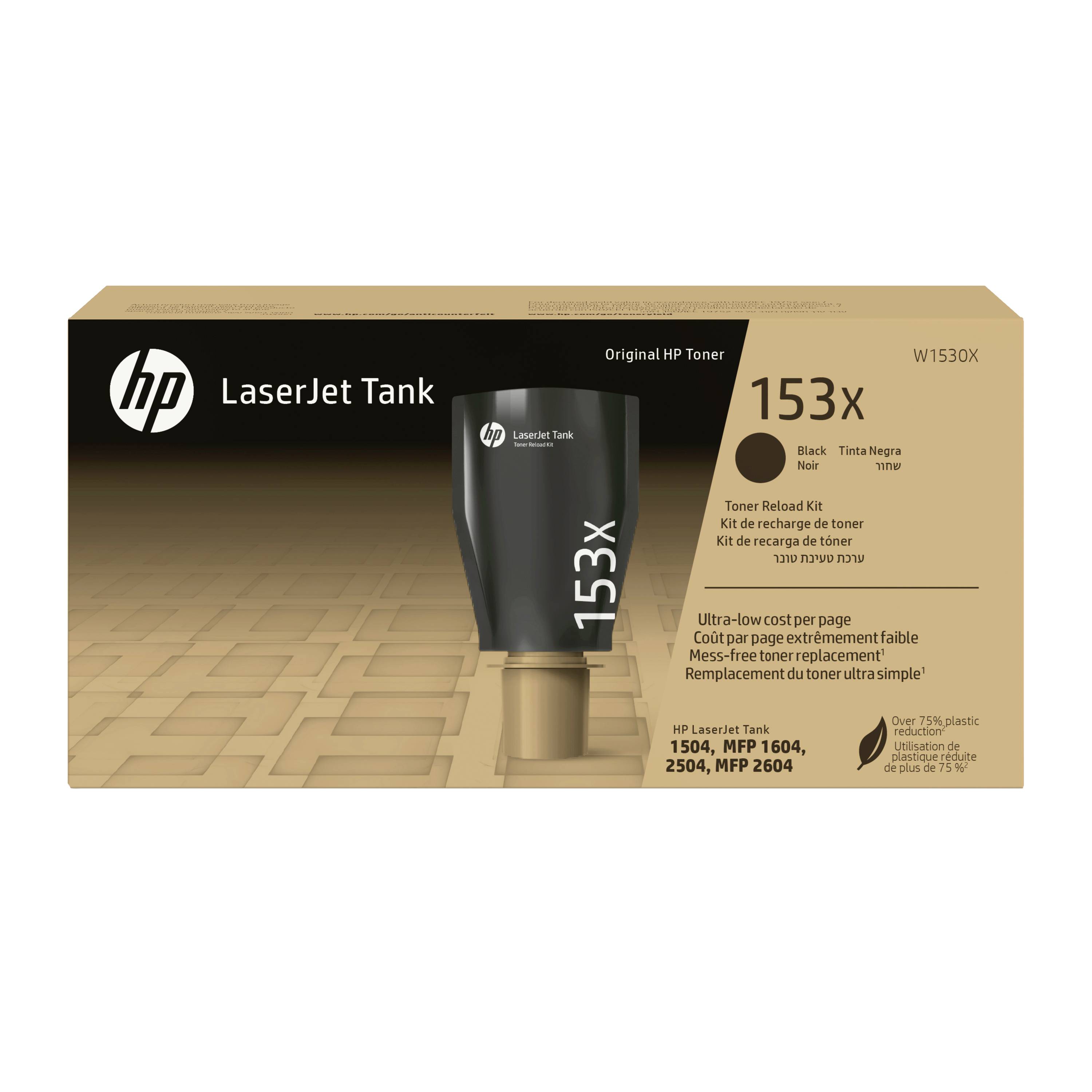 Originální tonerová krabice HP LaserJet Tank, model 153X, zobrazující černou tonerovou kazetu a kompatibilitu s tiskárnami LaserJet Tank.