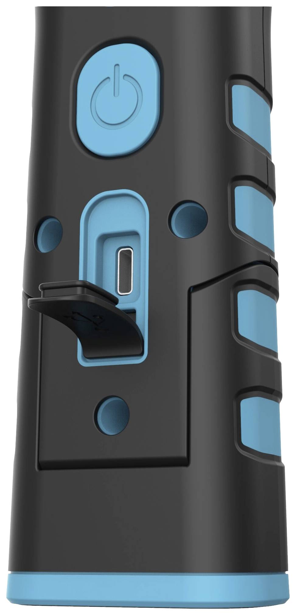 Černá svítilna stojící vzpřímeně s modrými akcenty. Je viditelný modrý vypínač a nabíjecí port.