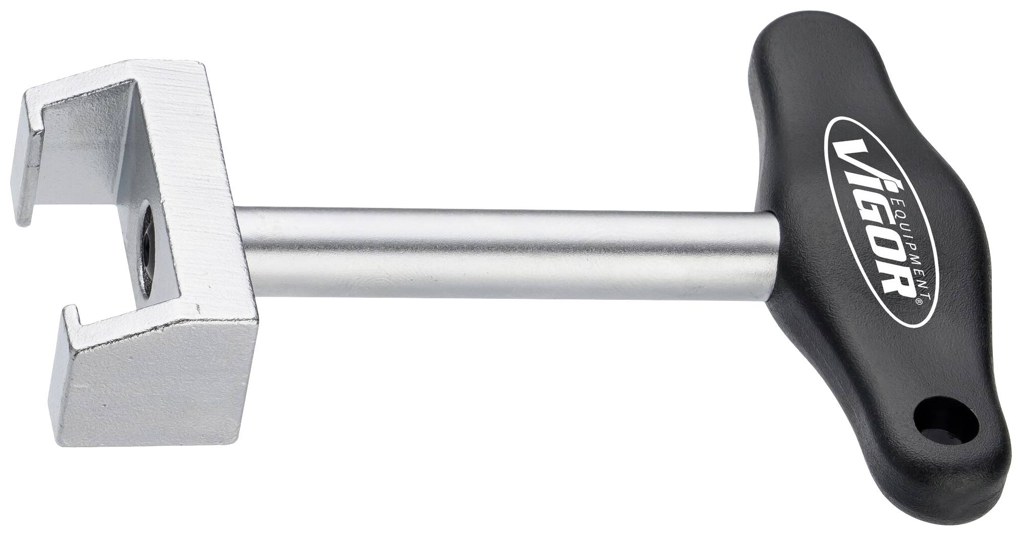 Ruční nářadí s nastavitelnou kovovou hlavou a černou T-rukojetí s logem 'VIGOR', používané k utahování nebo povolování.