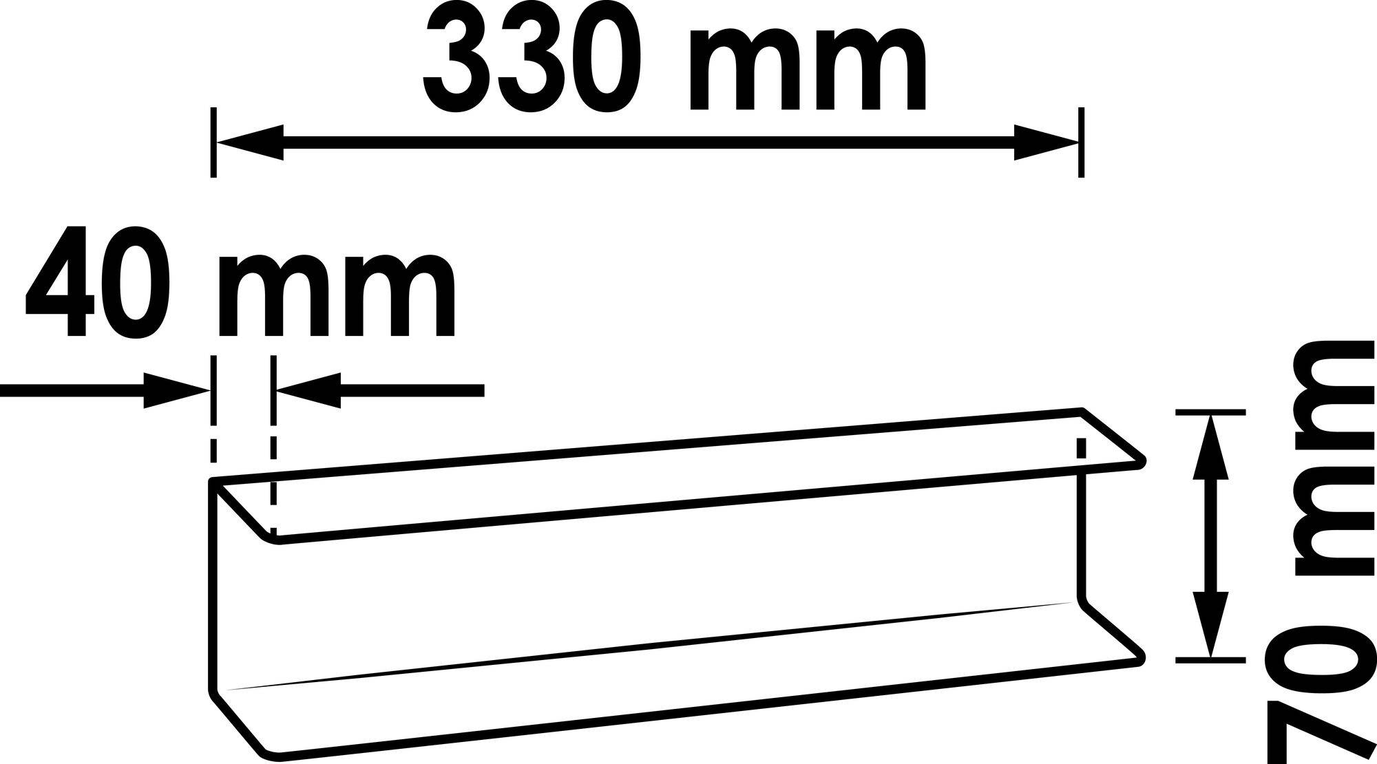 Obrázek kovového profilového dílu s rozměry 330 mm délky, 40 mm šířky a 40 mm výšky.
