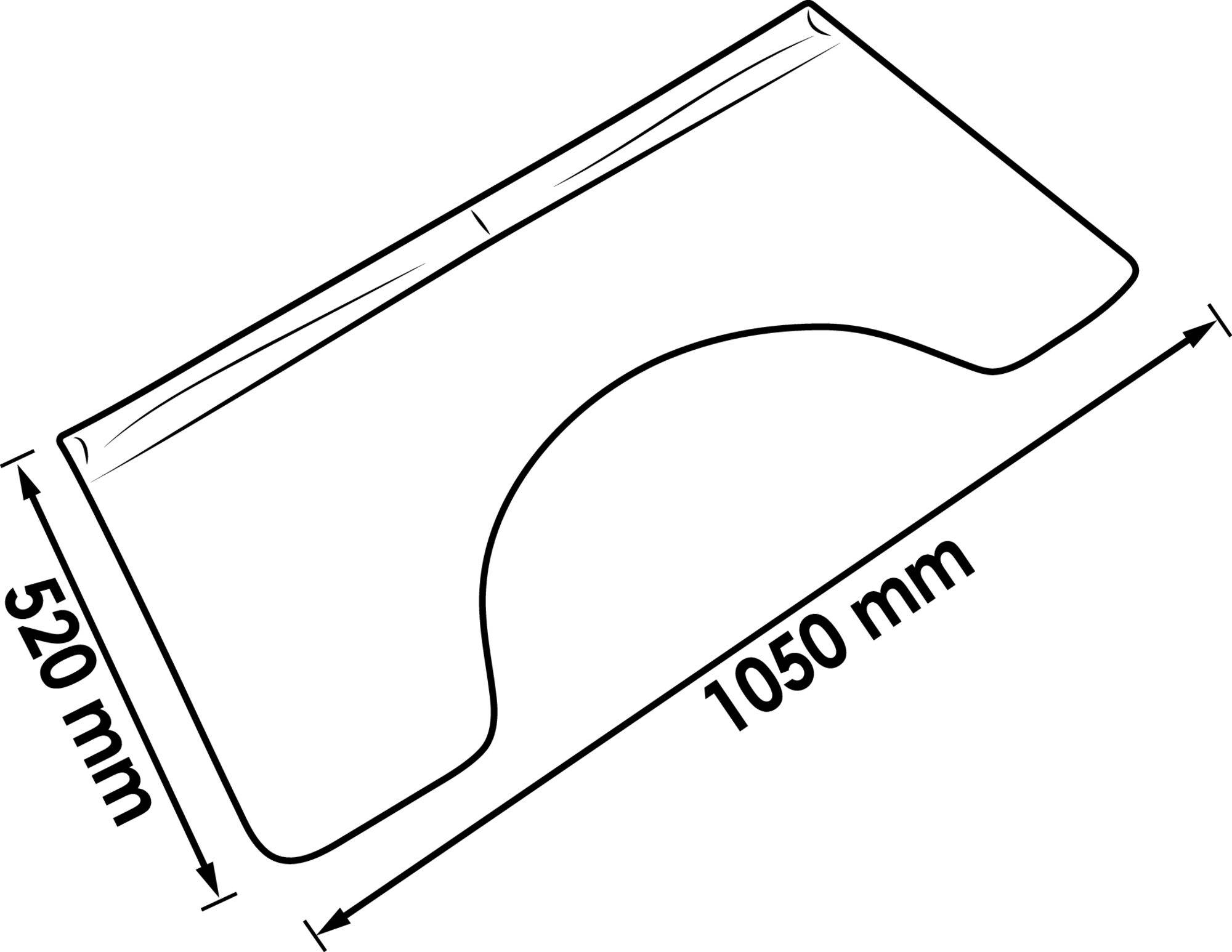 Obrázek obdélníkového stolu o rozměrech 1050 mm délky a 520 mm šířky; je patrné zvlněné prohnutí.