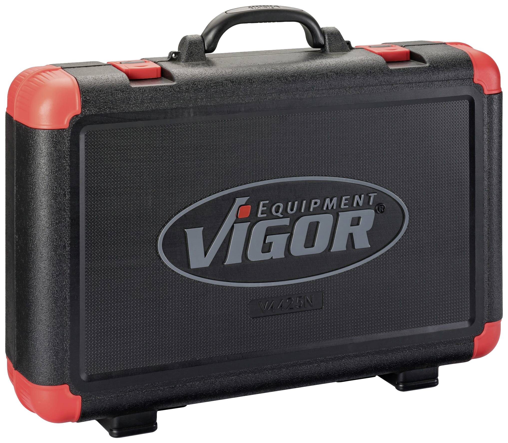 Černý plastový kufřík s červenými rohy, na kterém je napsáno 'Vigor Equipment'. Kufřík s rukojetí a cvakacími zámky.