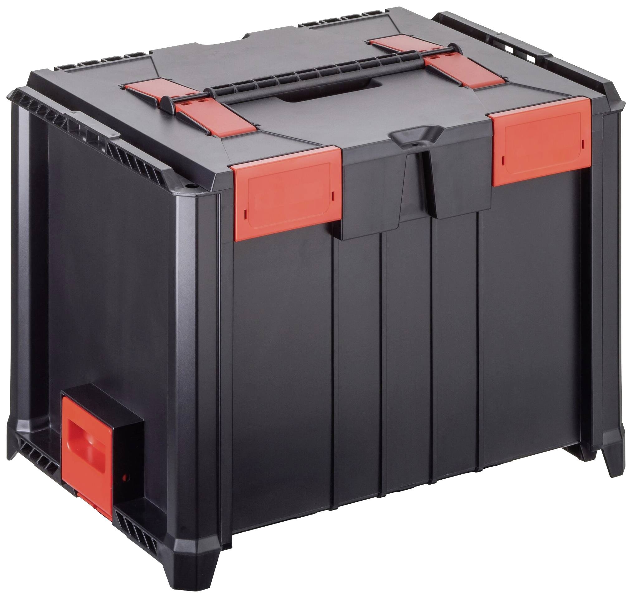 Černý, robustní přepravní box s oranžovými zámky a rukojetí, vhodný pro nástroje nebo materiály.
