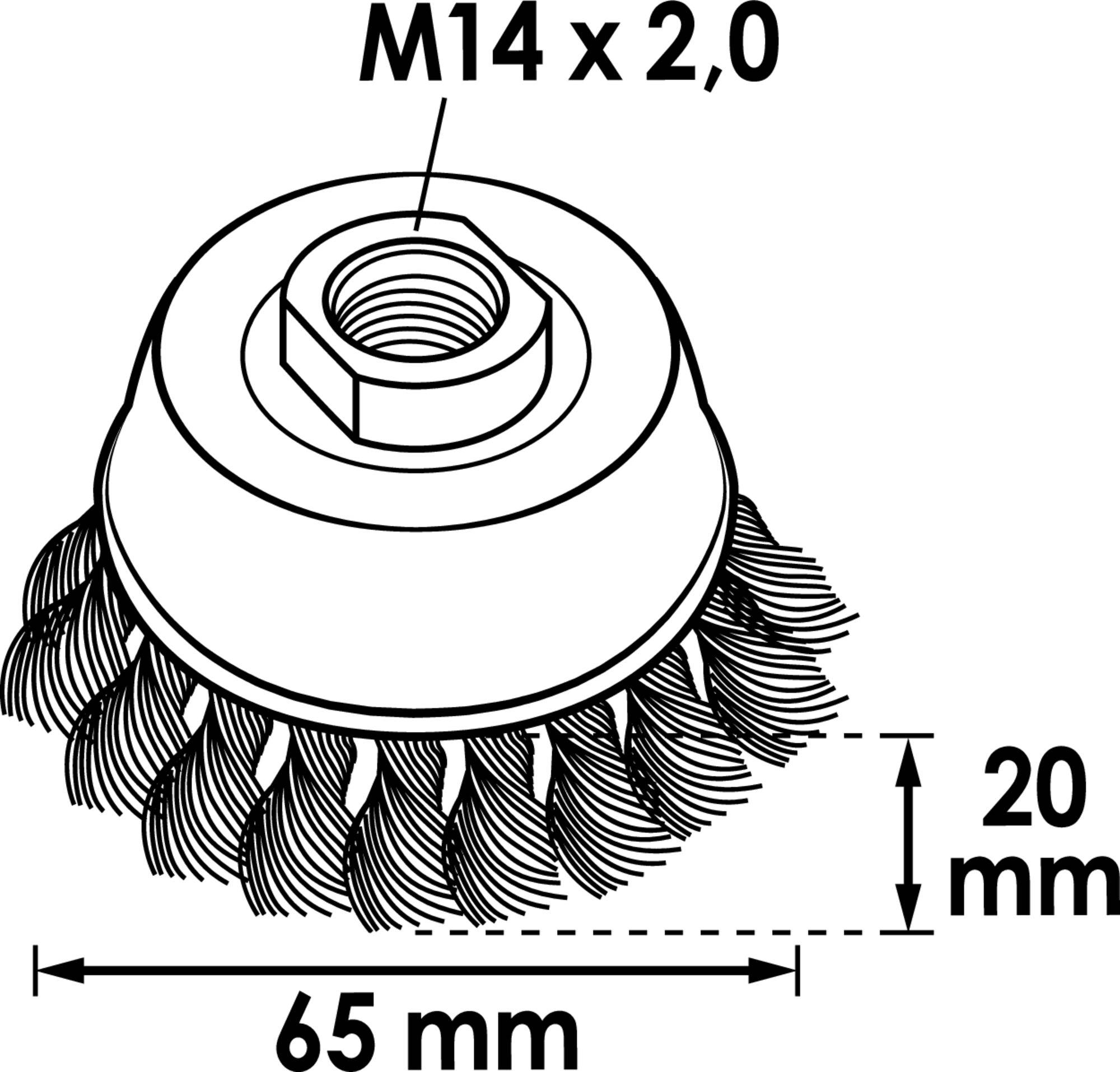Obrázek okružní kartáče s rozměry: vnější průměr 65 mm, výška 20 mm, závit M14 x 2,0.