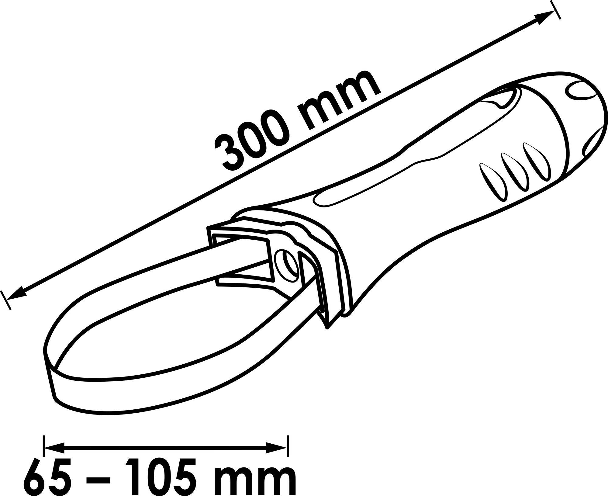 Obrázek elektronického nástroje s rukojetí o délce 300 mm a nastavitelným pásem, který lze přizpůsobit v rozmezí 65 až 105 mm.