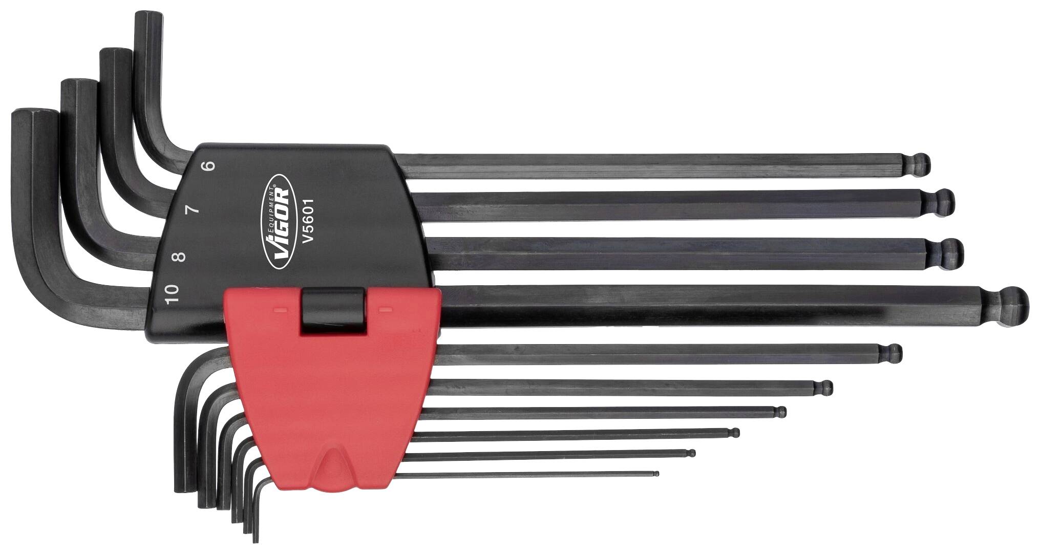 Sada dlouhých šestihranných klíčů v červeném a černém držáku. Nástroje mají různé velikosti od 1,5 do 10 mm.