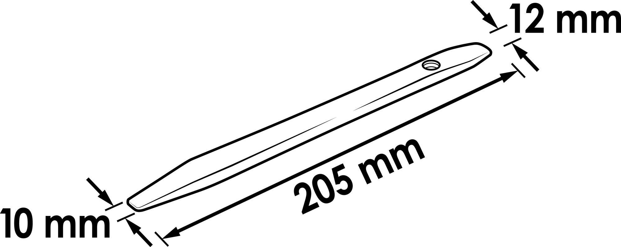 Nákres kovového kolíku s rozměry: délka 205 mm, šířka 12 mm, výška 10 mm. Otvor poblíž jednoho konce.
