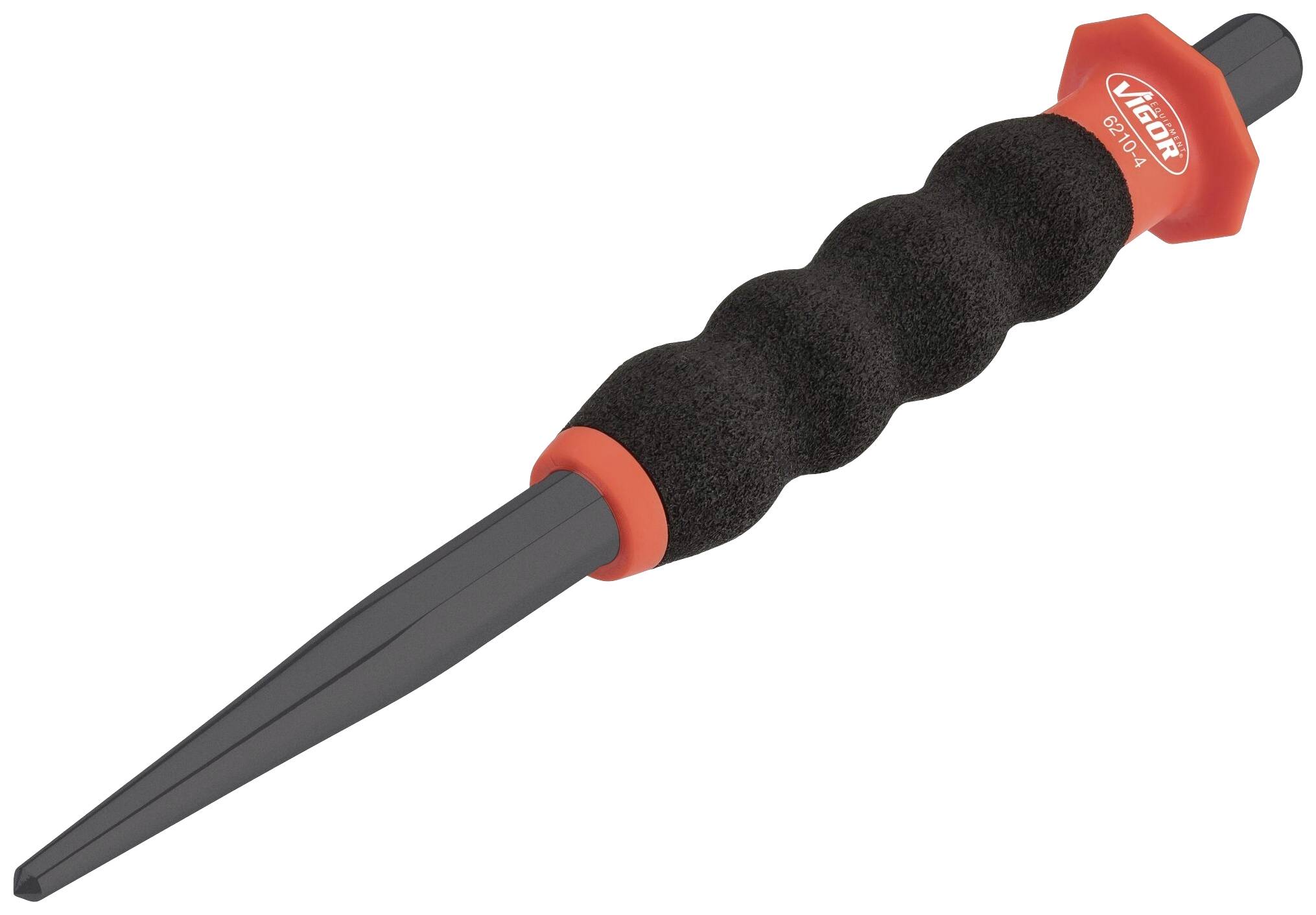 Rydovací nástroj s ergonomickou rukojetí pro přesné práce. Černá tyč s červenou rukojetí a nepřerušovaným hrotem.