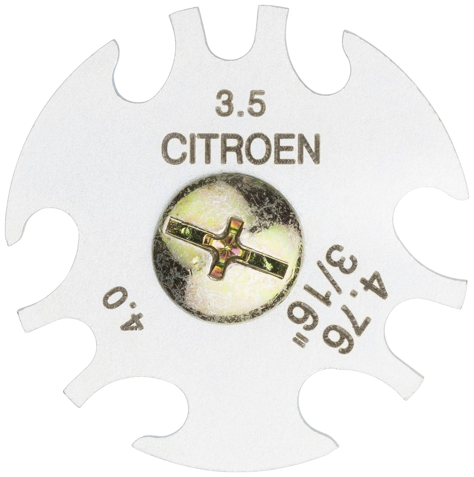 Kulatý měřicí přístroj se stavitelnými ozubenými koly. Nápis: 'CITROEN', rozměrové údaje: '3,5', '4,0', '4 7/8', '3/16'.