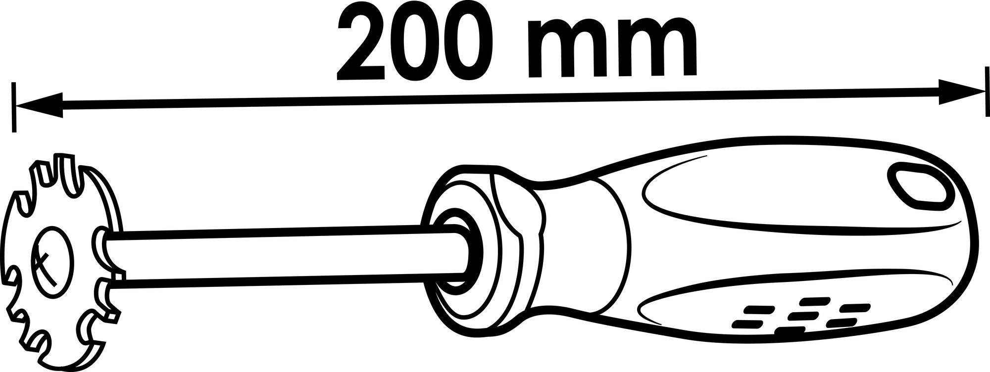 Šroubovák se zaoblenným ostřím a ozubeným hrotem, délka 200 mm, s ergonomickou rukojetí.