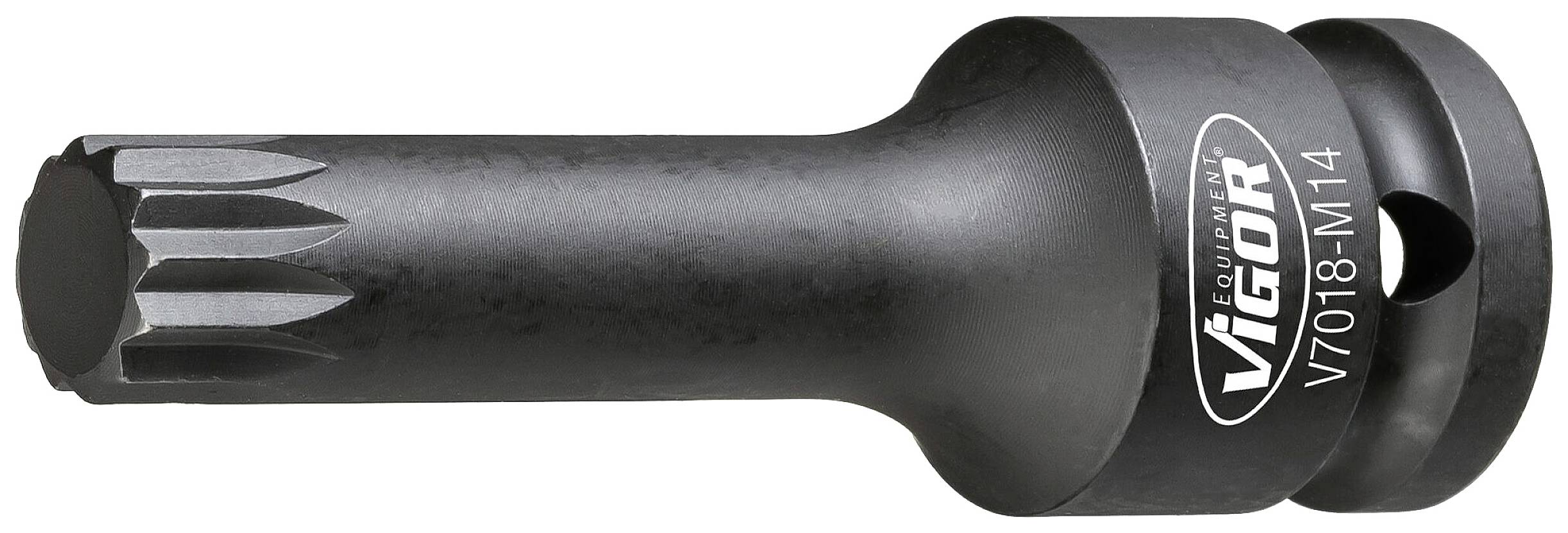 Černý nástrčný klíč s nápisem 'VIGOR V7018-M14', použitelný pro speciální šrouby, vyrobený z odolného materiálu.