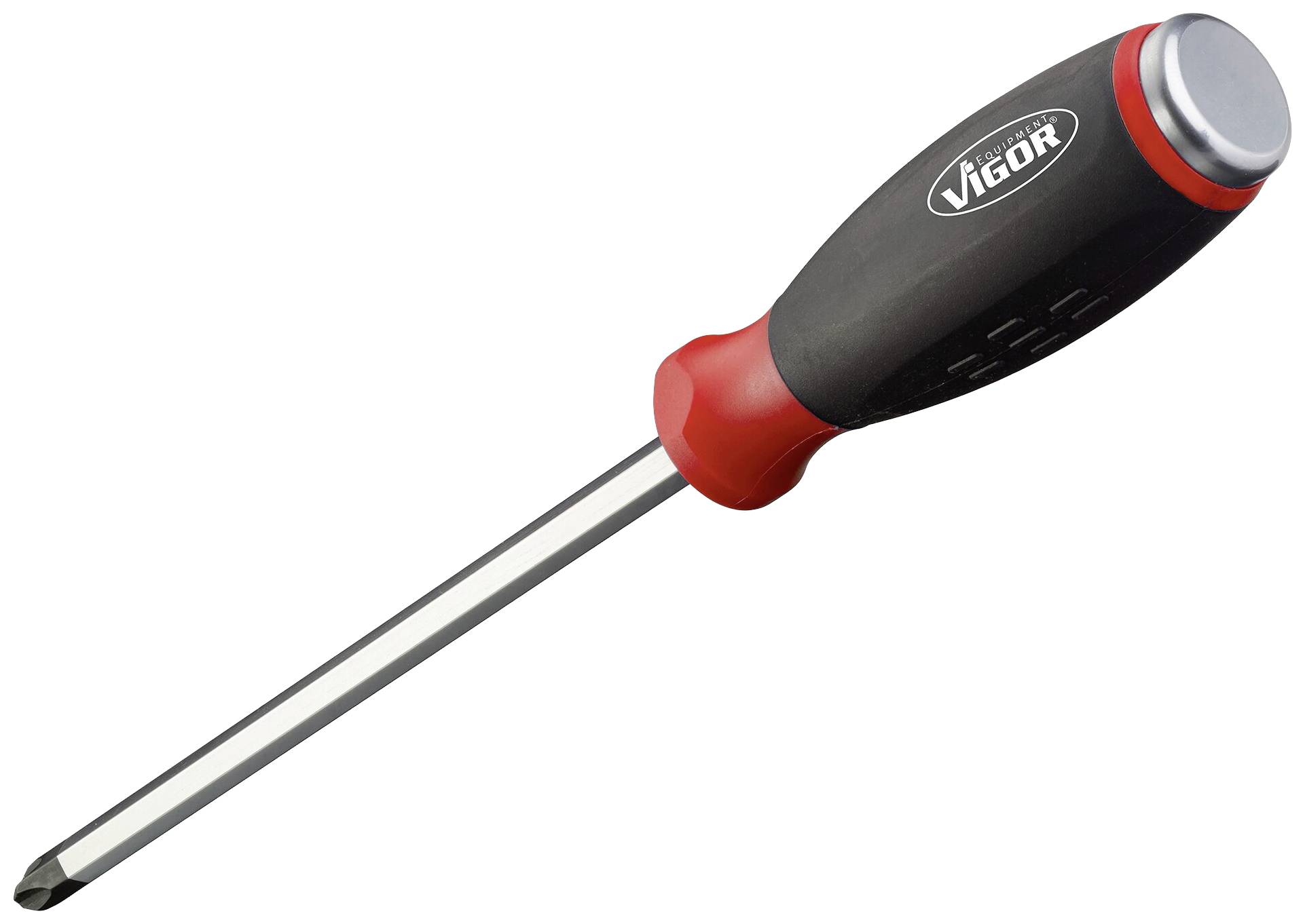 Šroubovák s ergonomickou rukojetí a kovovým hrotem, vhodný pro utahování nebo povolování šroubů.