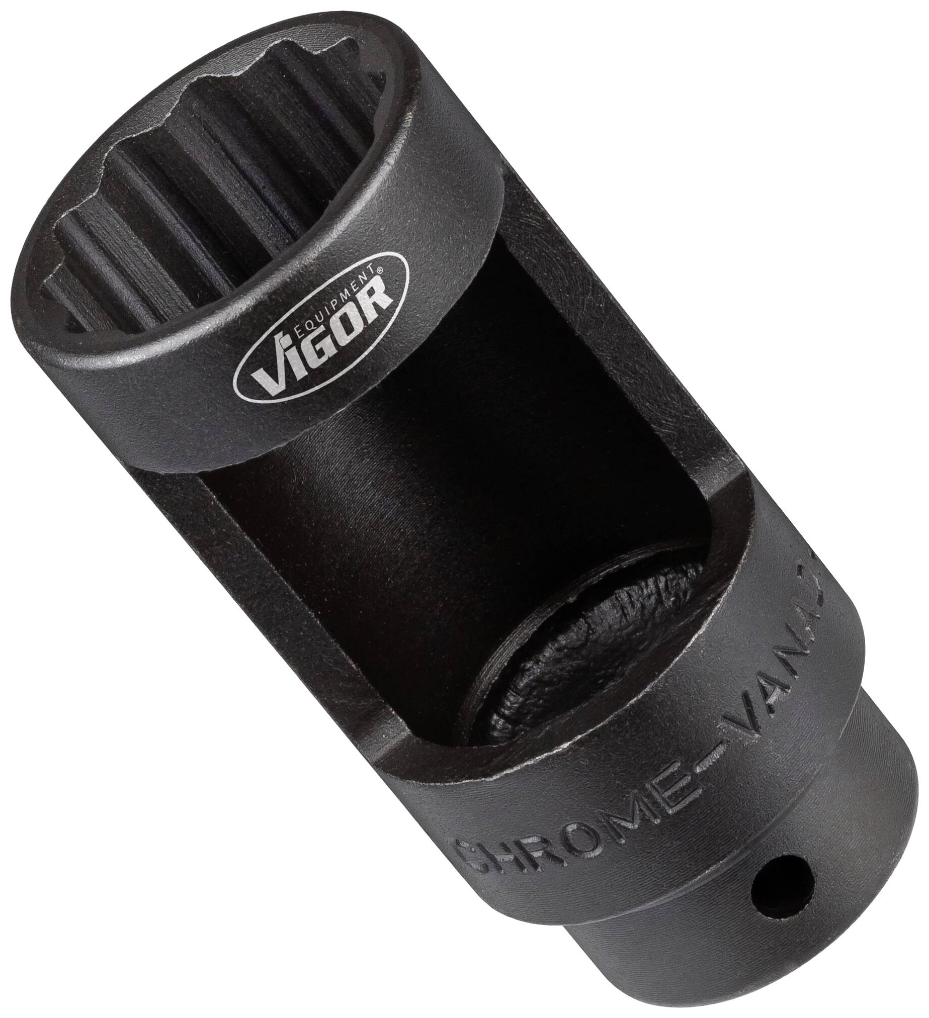 Černá matice s označením 'Chrome Vanadium' a 'Vigor'. Má velký, drážkovaný vnitřní prostor, vhodný pro šrouby.