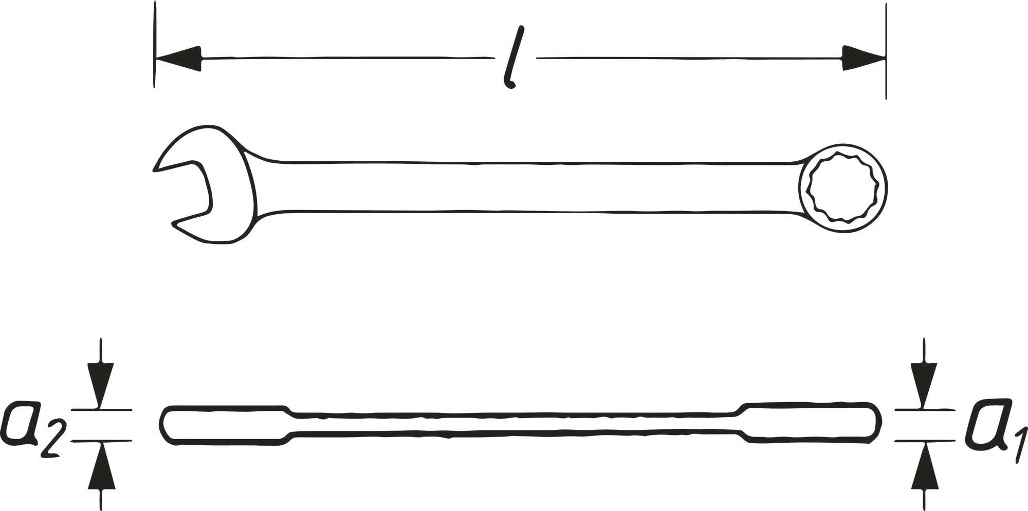 Diagram klíče s otevřeným koncem vlevo a kroužkovým klíčem vpravo. Rozměry a1, a2 a l jsou vyznačeny.