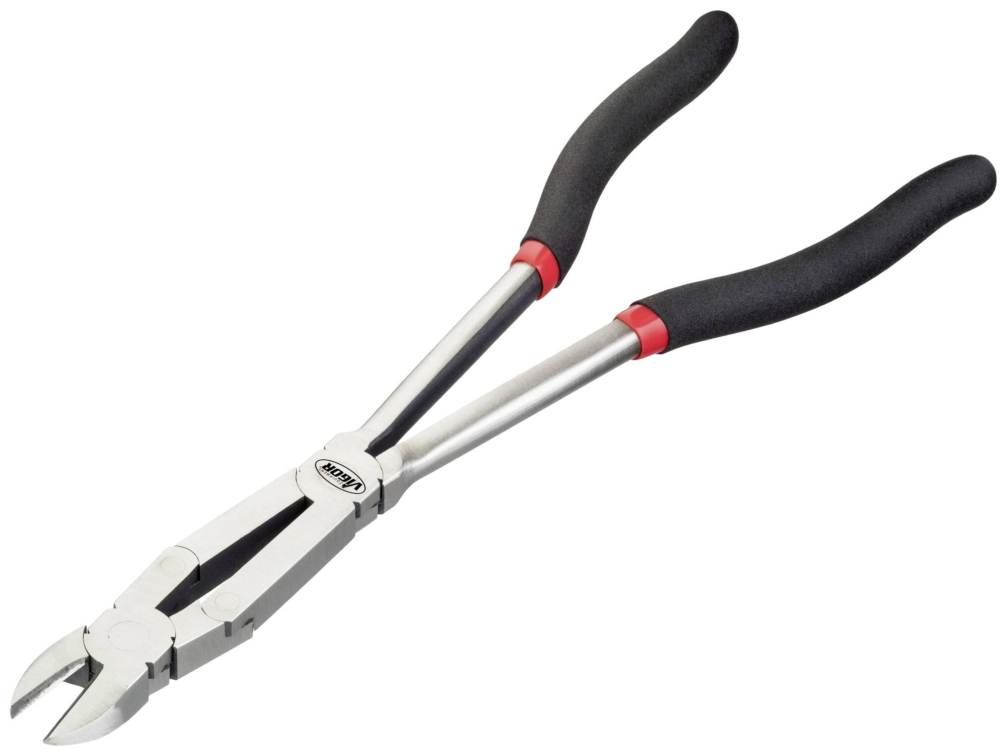 Dlouhé štípací kleště s černými rukojeťmi, vhodné pro přestřihávání tlustších drátů nebo kabelů v řemeslných aplikacích.