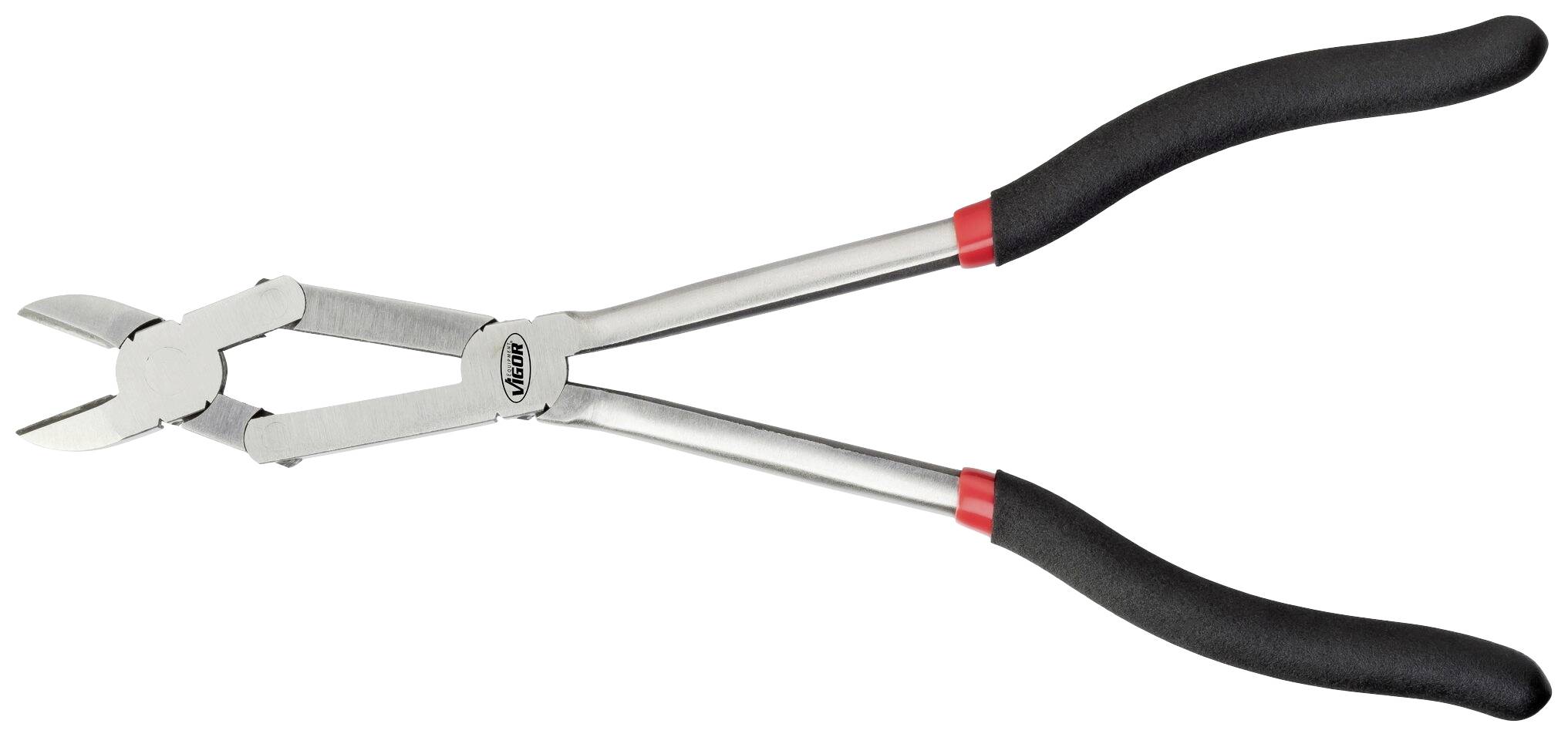 Stříbrné kleště s černou rukojetí, vhodné pro řezání drátů. Dlouhé rukojeti s červenými akcenty.
