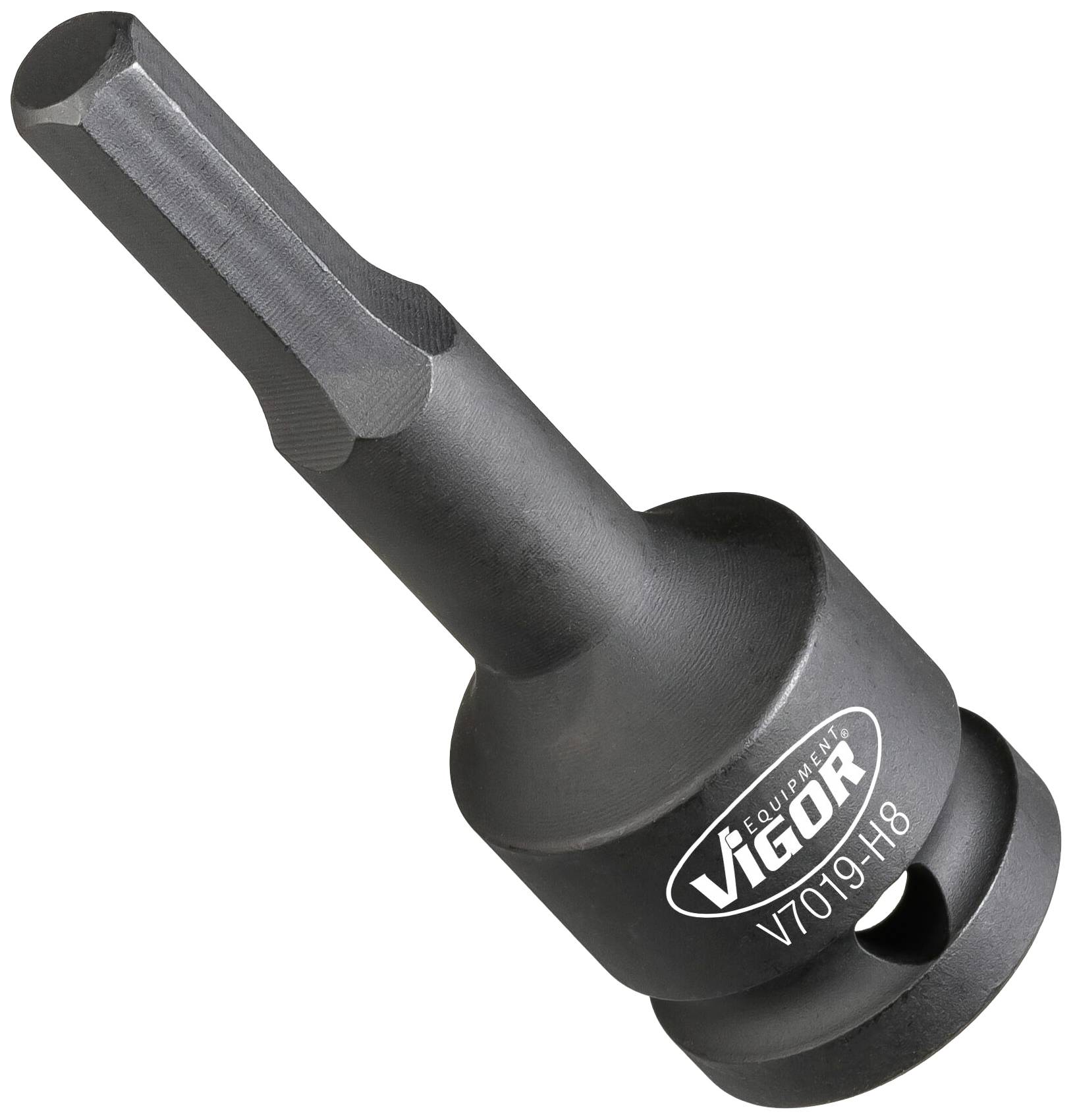 Černý šestihranný bit s nápisem 'VIGOR V7019-H8', určený k upevňování šroubů, robustní konstrukční provedení.