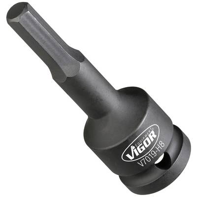 Černý šestihranný bit s nápisem 'VIGOR V7019-H8', určený k upevňování šroubů, robustní konstrukční provedení.