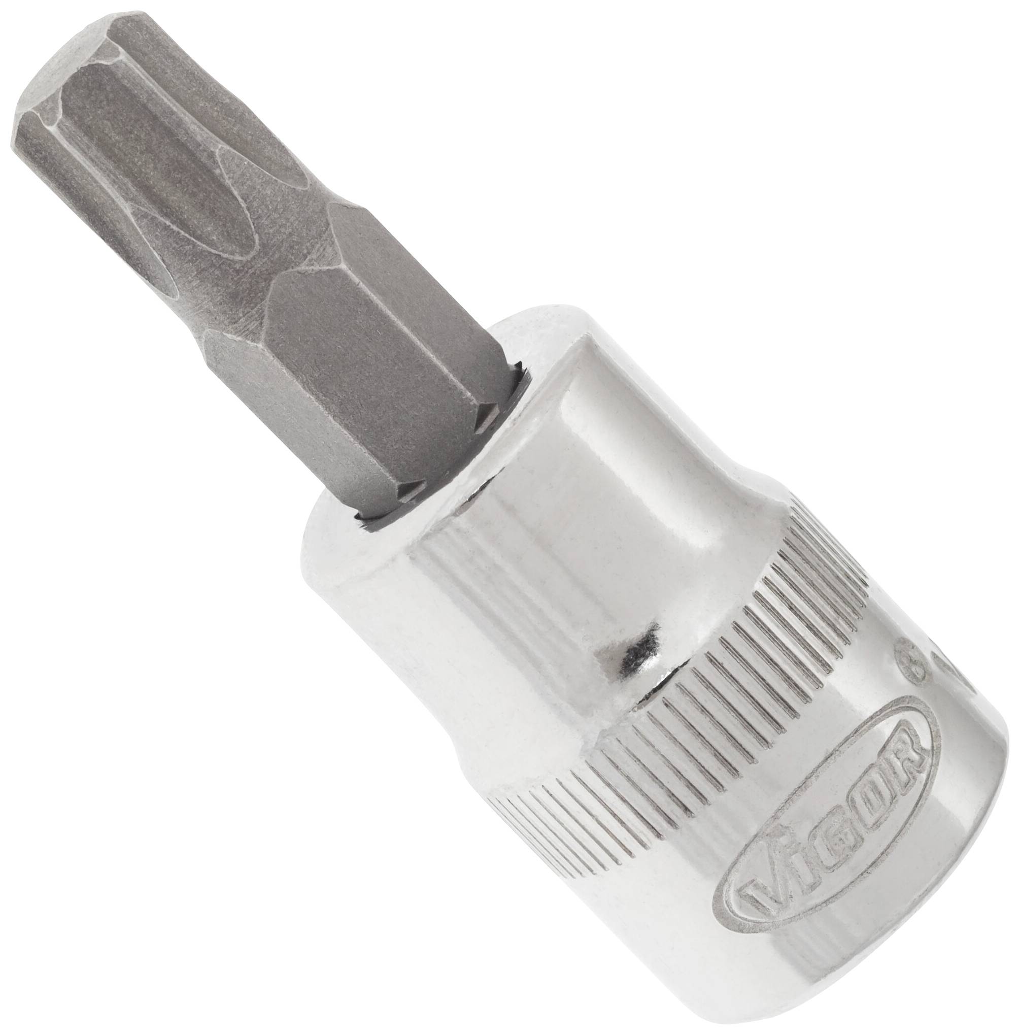 Stříbrný bit šroubováku s kulatou rukojetí, vhodný pro šrouby Torx. Na rukojeti je nápis 'Vigor'.