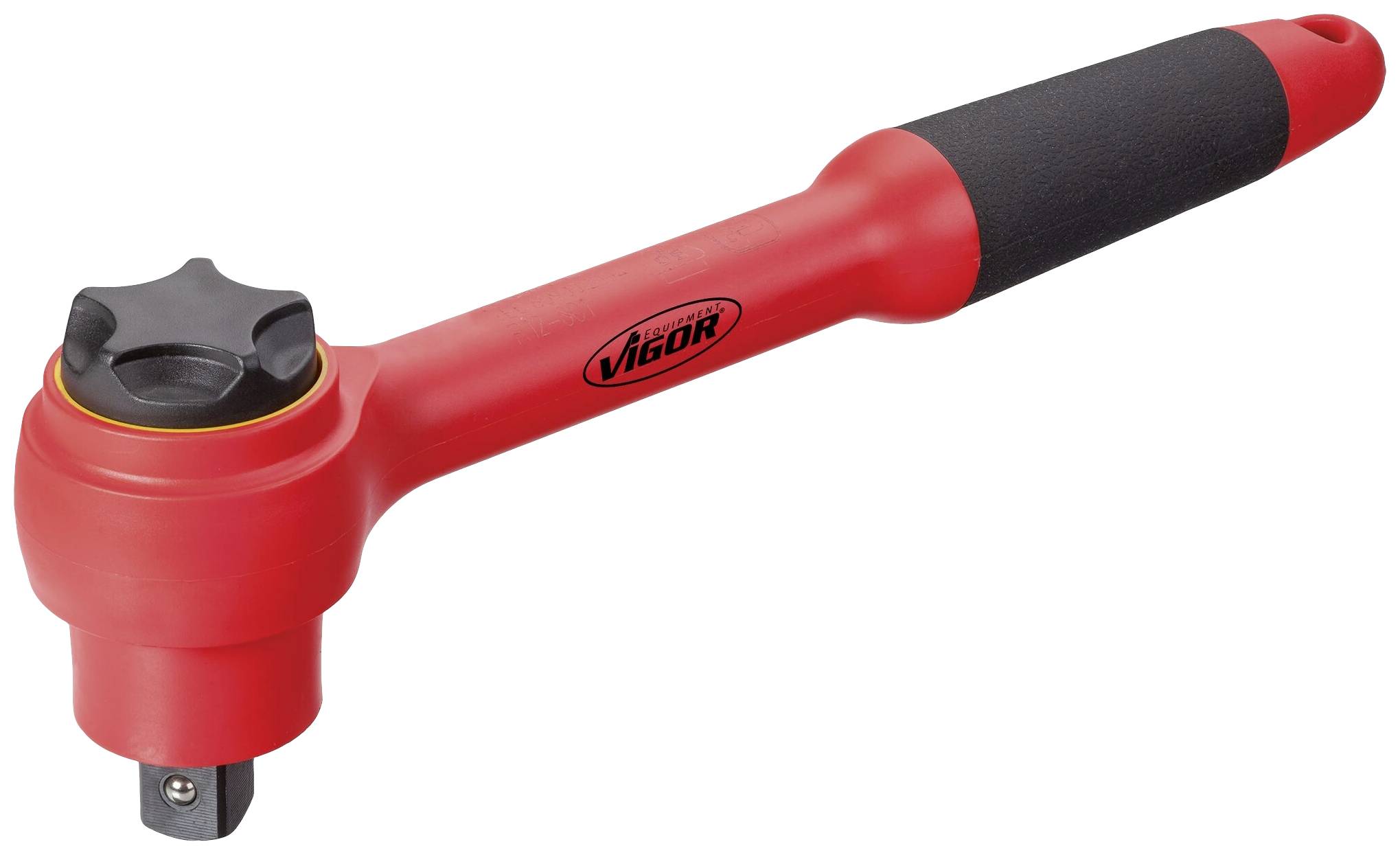 Červený momentový klíč s černou rukojetí a nástavcem, použitelný pro utahování nebo povolování šroubů a matic.