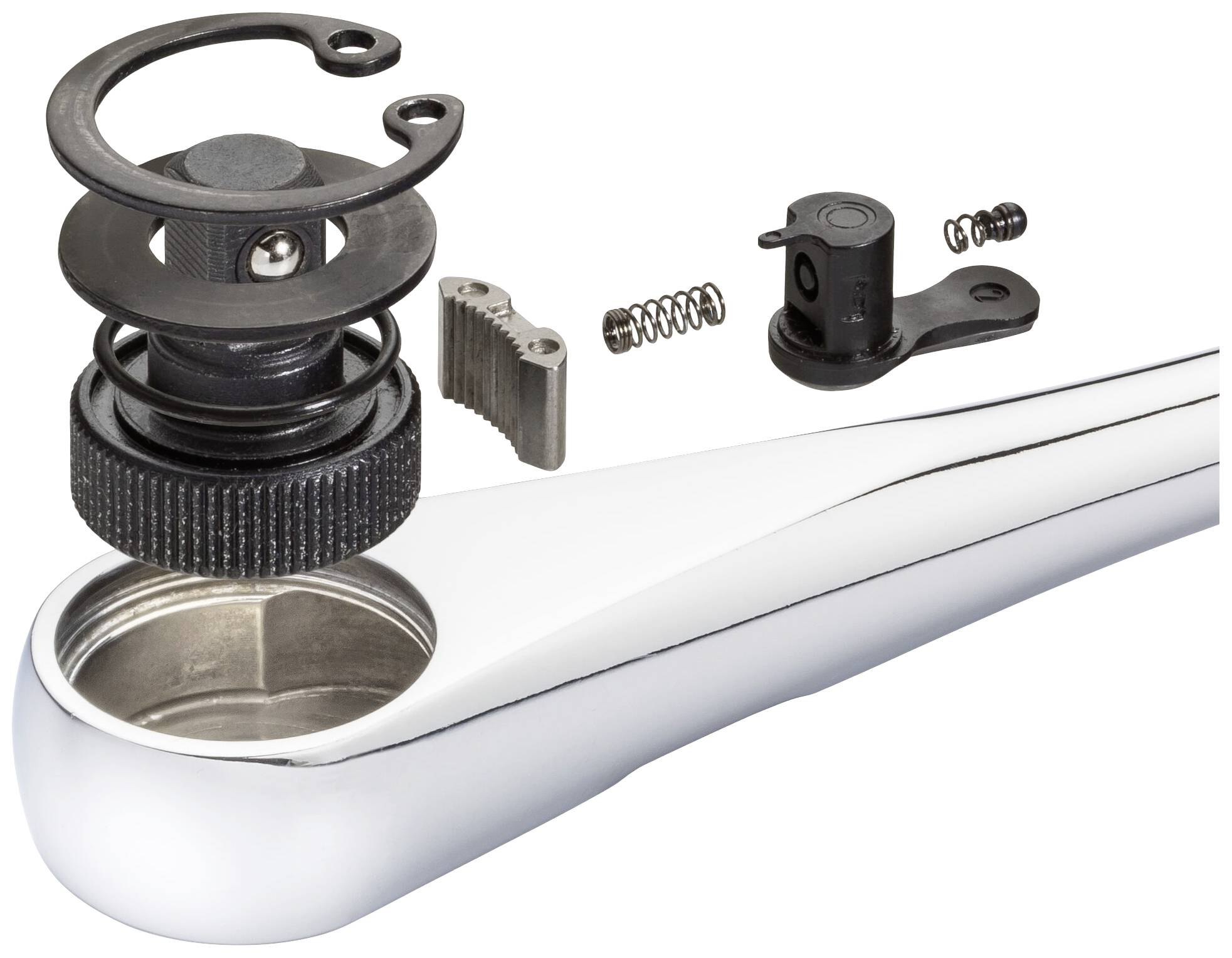 Rozložená hlava ráčny s díly nástroje, včetně pružin a ozubených kol, které ukazují princip fungování ráčny.