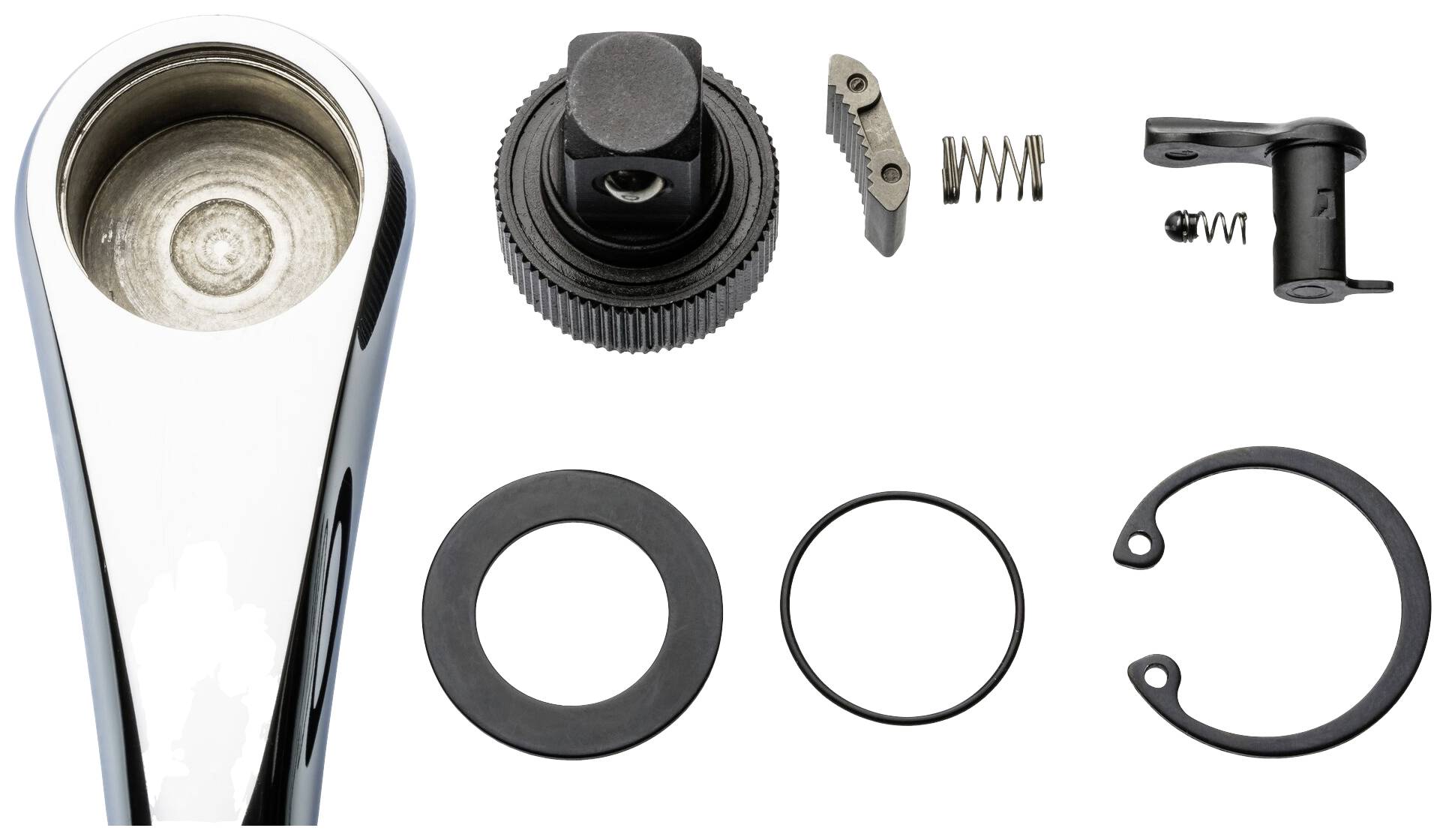 Rozloženáráčna s jednotlivými díly: rukojeť, ozubený mechanismus, pružiny, kroužky a pojistný kroužek. Hlavní komponenty připravené k montáži.