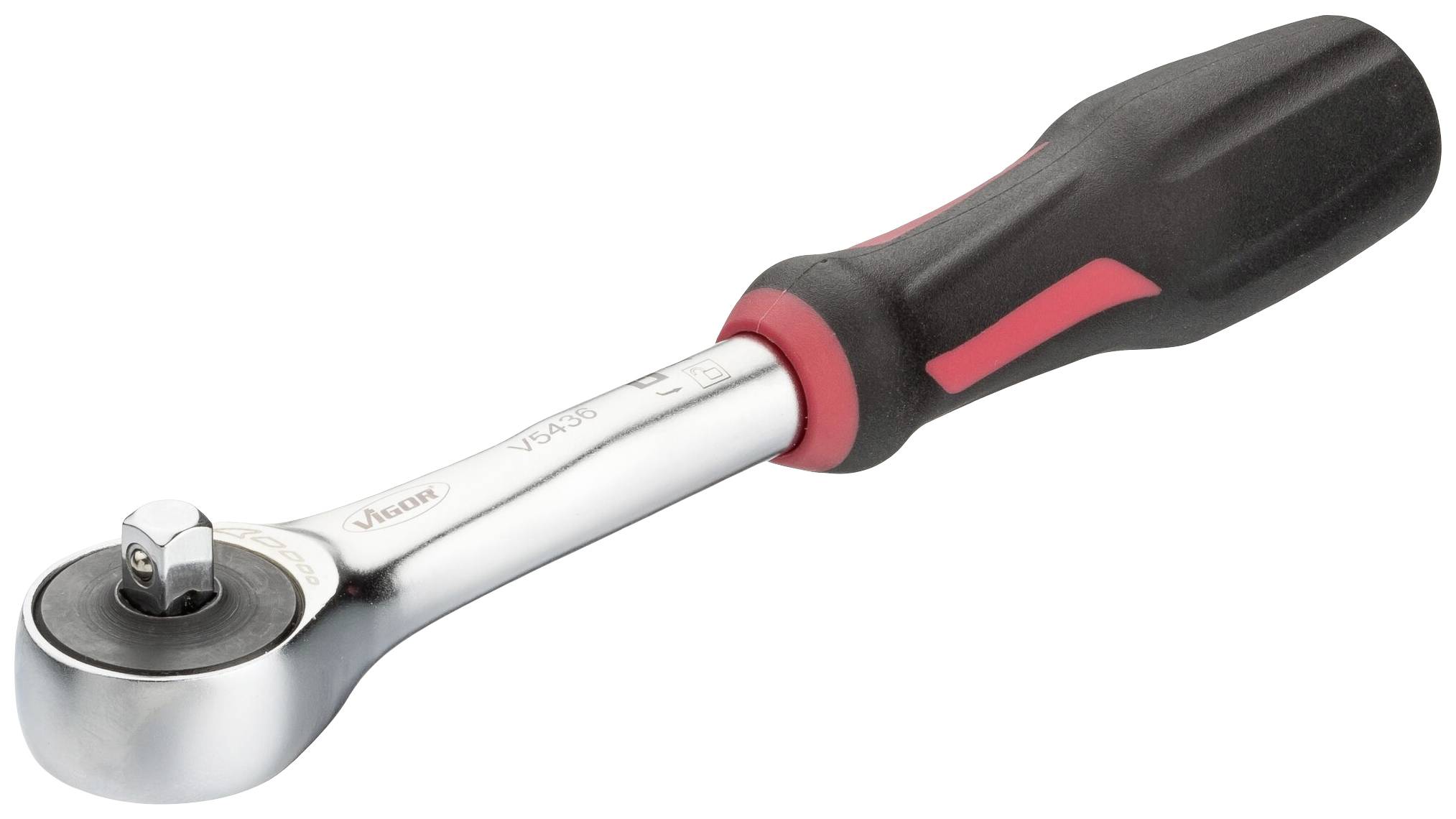 Stříbrná ráčna s černou a červenou rukojetí, vhodná pro mechanické práce.