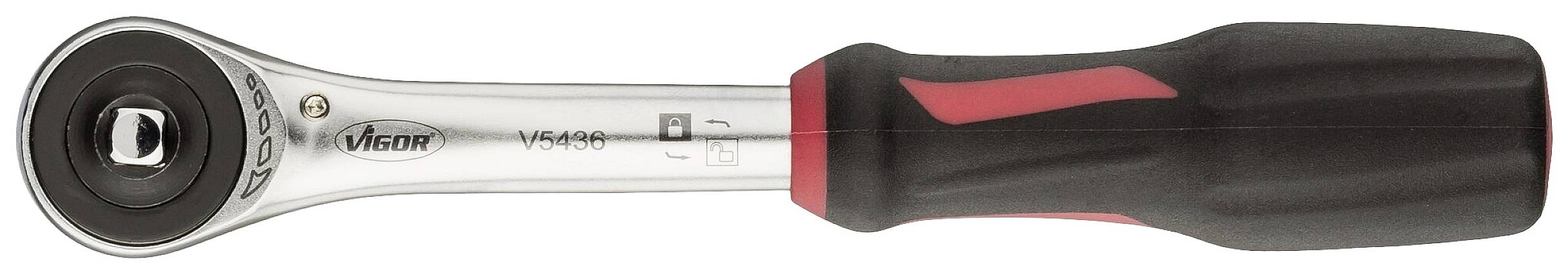 Ráčna s černou ergonomickou rukojetí a pochromovaným povrchem, vhodná pro použití při mechanických pracích.