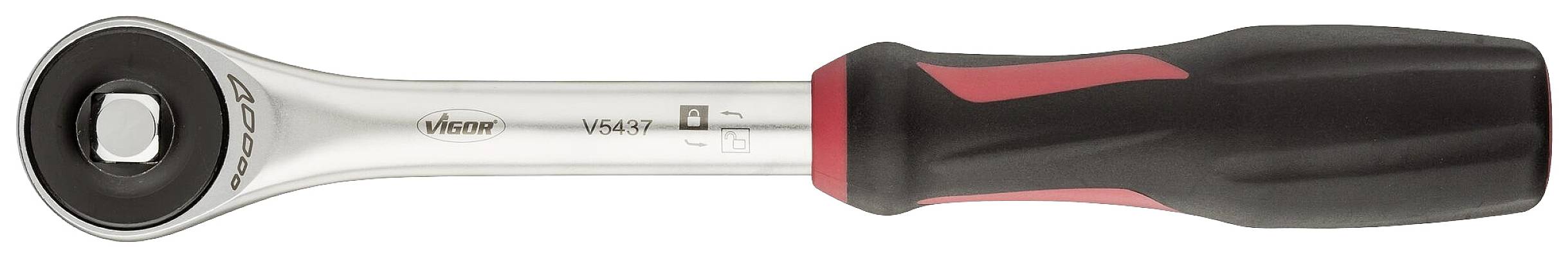 Ruční ráčna s ergonomickou rukojetí, stříbrným kovovým tělem a černě-červeným držadlem. Vhodná pro mechanické práce.