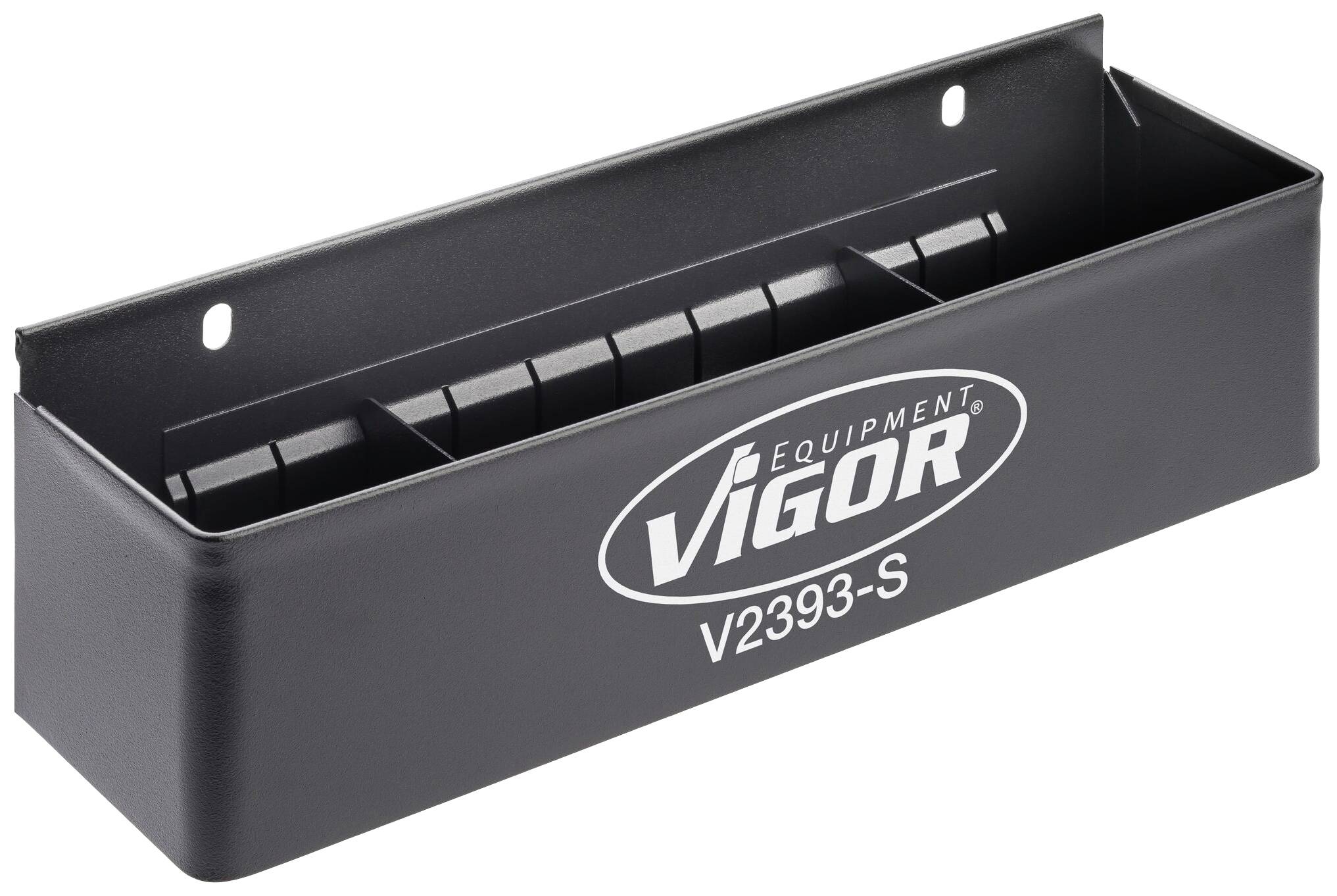 Kovový držák nástrojů od značky Vigor, model V2393-S, s několika přihrádkami pro skladování nástrojů, vhodný pro montáž na stěnu.