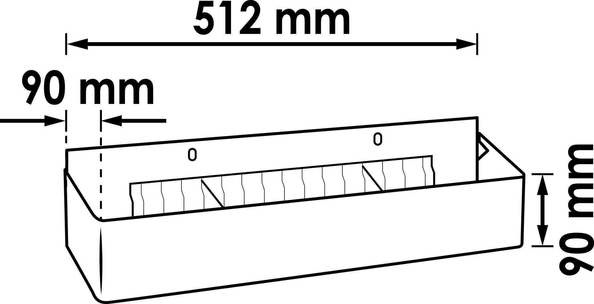 Obdélníkový kontejner s rozměry 512 mm délky, 90 mm šířky, 90 mm výšky. Obsahuje přepážku s vyznačenými čarami.