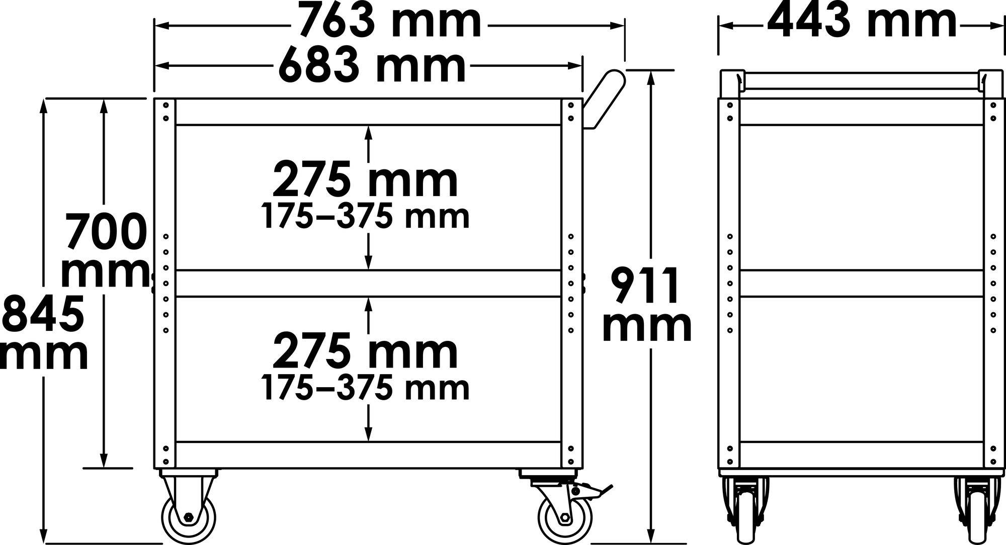 'Technický výkres vozíku s rozměry: 763 mm šířka, 443 mm hloubka, 845 mm výška. Dva úložné prostory, výška 700 mm, 911 mm s madlem.'