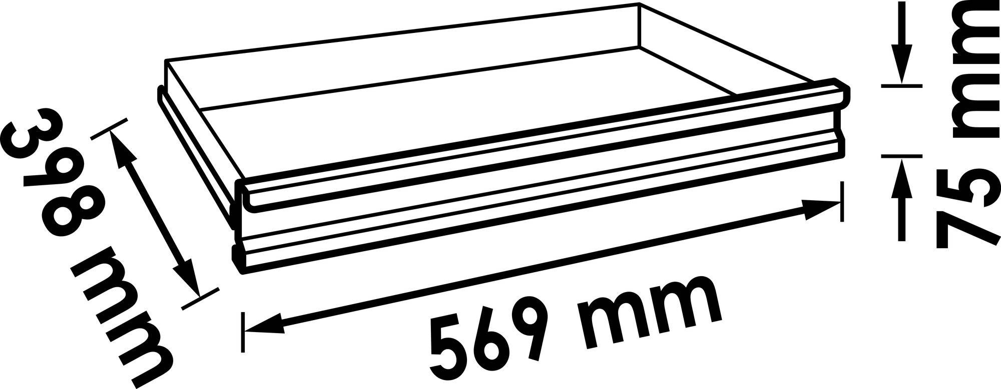 Diagram obdélníkového tácu s rozměry 569 mm délka, 398 mm šířka a 75 mm výška.