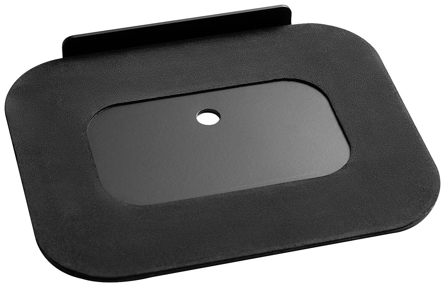 Černá, obdélníková kovová deska se zaoblenými rohy a centrálním otvorem pro upevnění.